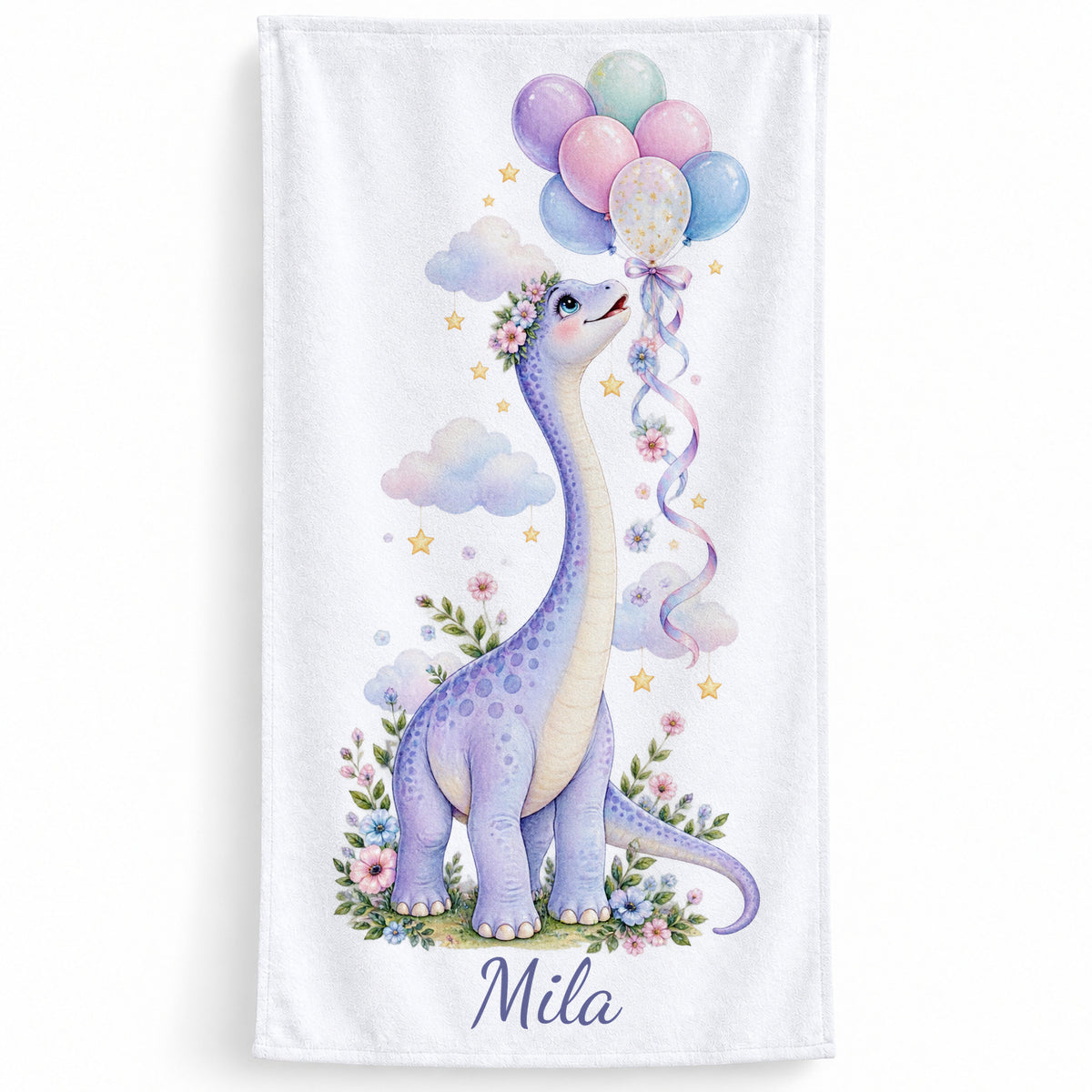 Personalisiertes Dinosaurier-Handtuch Langhals mit Ballons – hauptbild