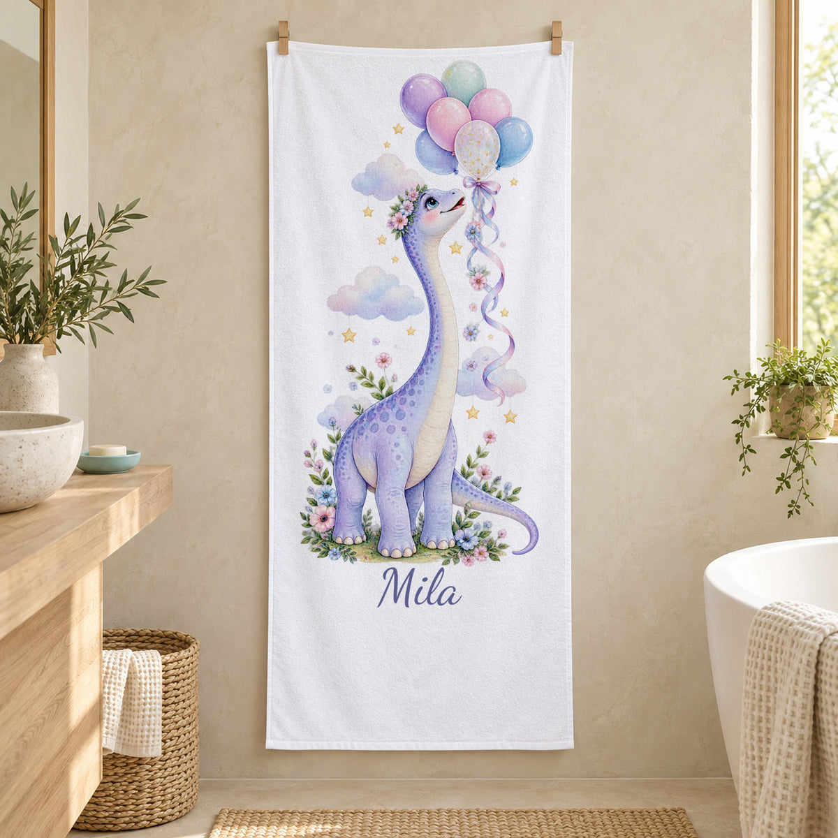 Personalisiertes Dinosaurier-Handtuch Langhals mit Ballons – badezimmer