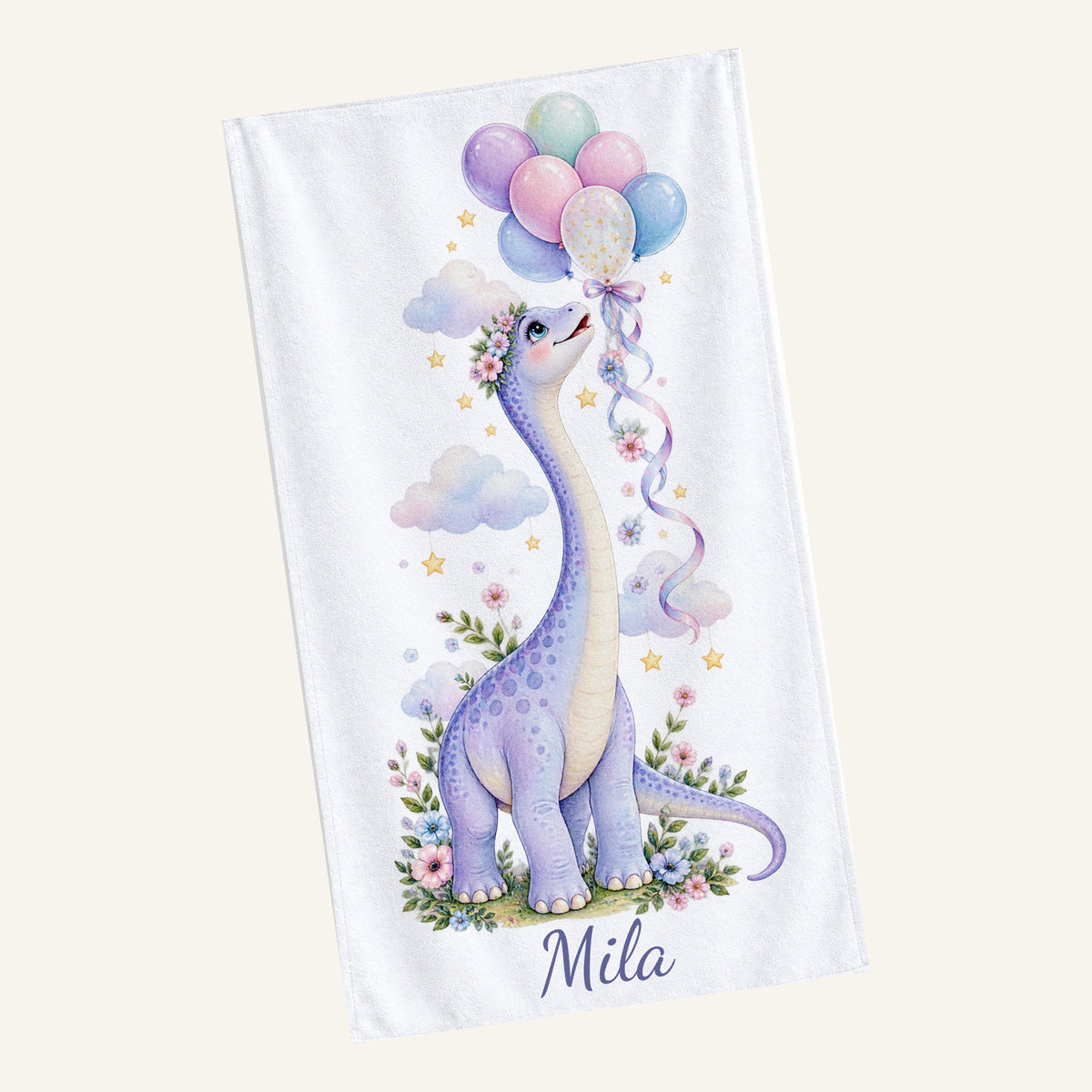 Personalisiertes Dinosaurier-Handtuch Langhals mit Ballons – schraegansicht