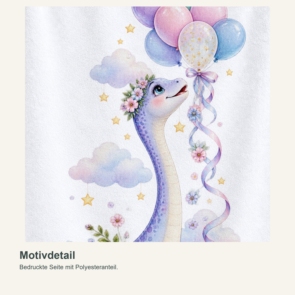 Personalisiertes Dinosaurier-Handtuch Langhals mit Ballons – motivdetail