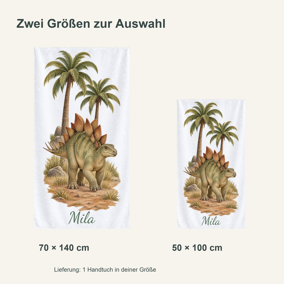 Personalisiertes Dinosaurier-Handtuch Stegosaurus in der Savanne – groessenvergleich