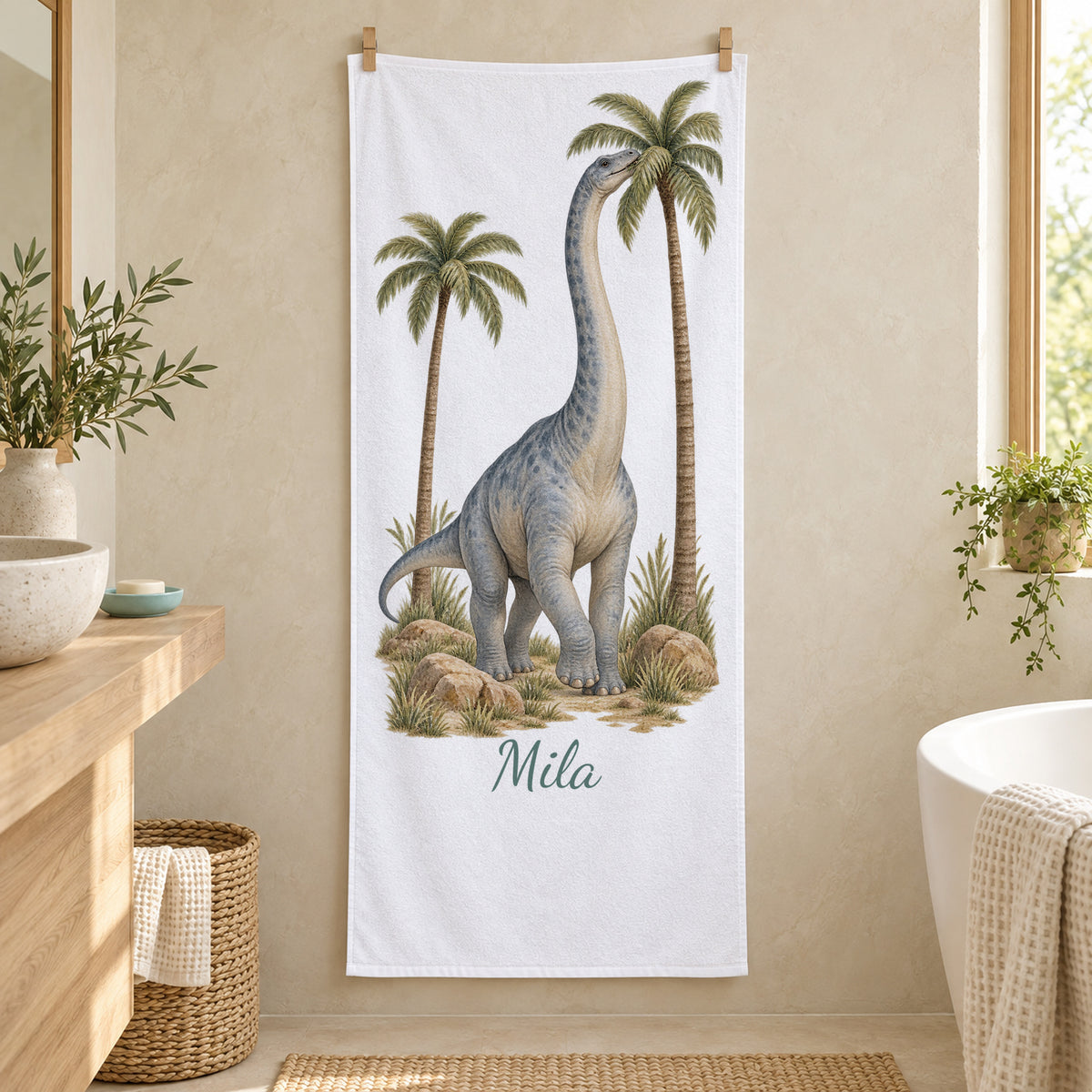 Personalisiertes Dinosaurier-Handtuch Langhals in der Savanne – badezimmer