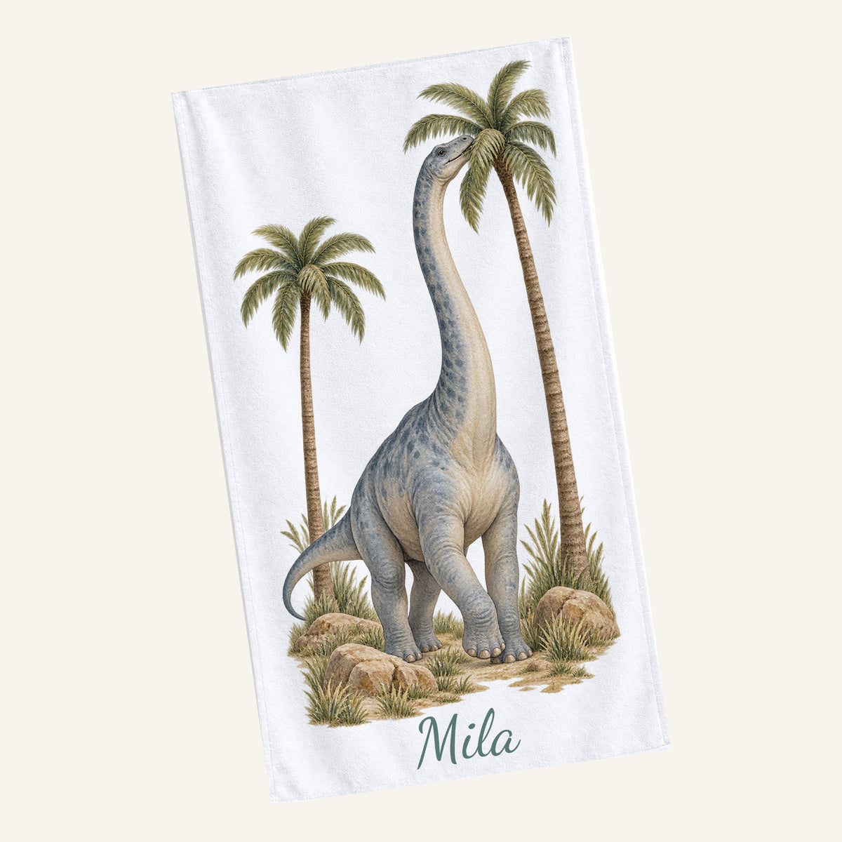 Personalisiertes Dinosaurier-Handtuch Langhals in der Savanne – schraegansicht