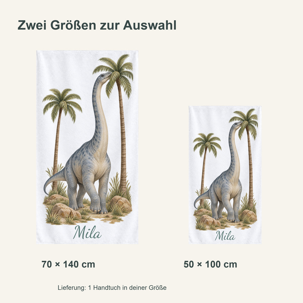 Personalisiertes Dinosaurier-Handtuch Langhals in der Savanne – groessenvergleich
