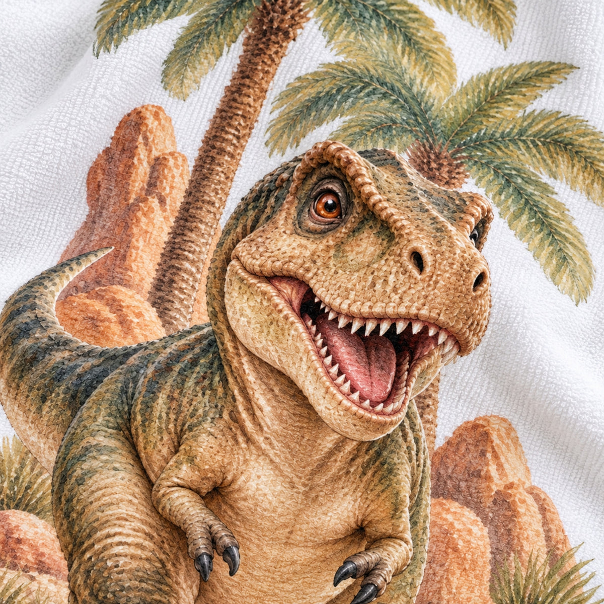 Dinosaurier-Handtuch T-Rex in der Savanne mit Namen – Detail des Motivs