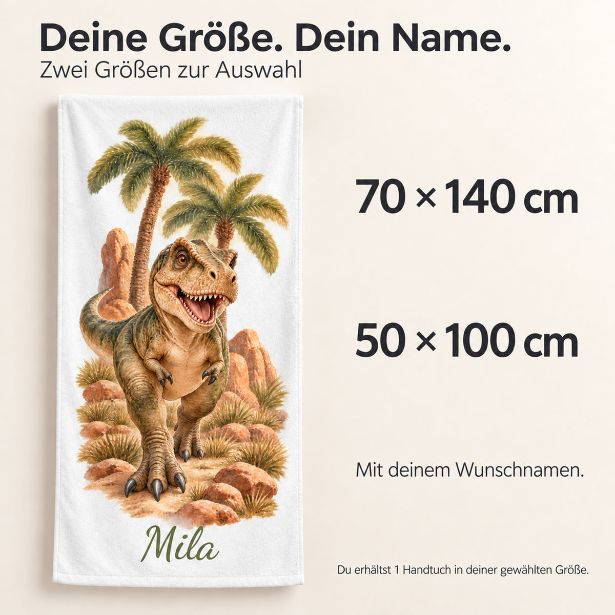 Dinosaurier-Handtuch T-Rex in der Savanne mit Namen – Größenvergleich 50 × 100 cm und 70 × 140 cm