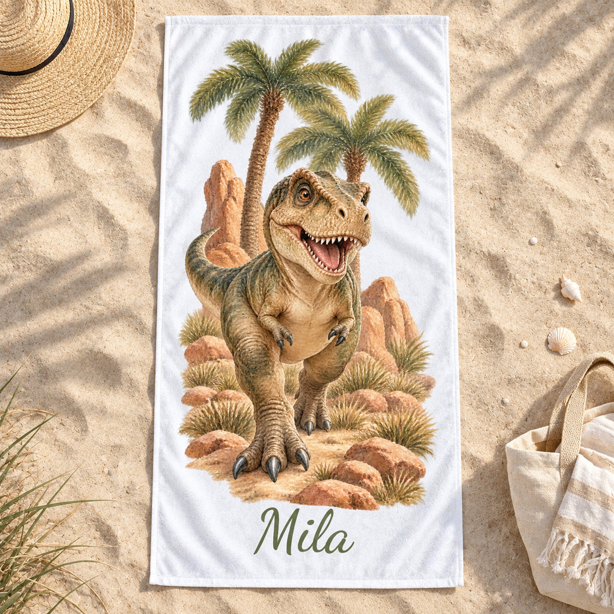 Dinosaurier-Handtuch T-Rex in der Savanne mit Namen – am Strand