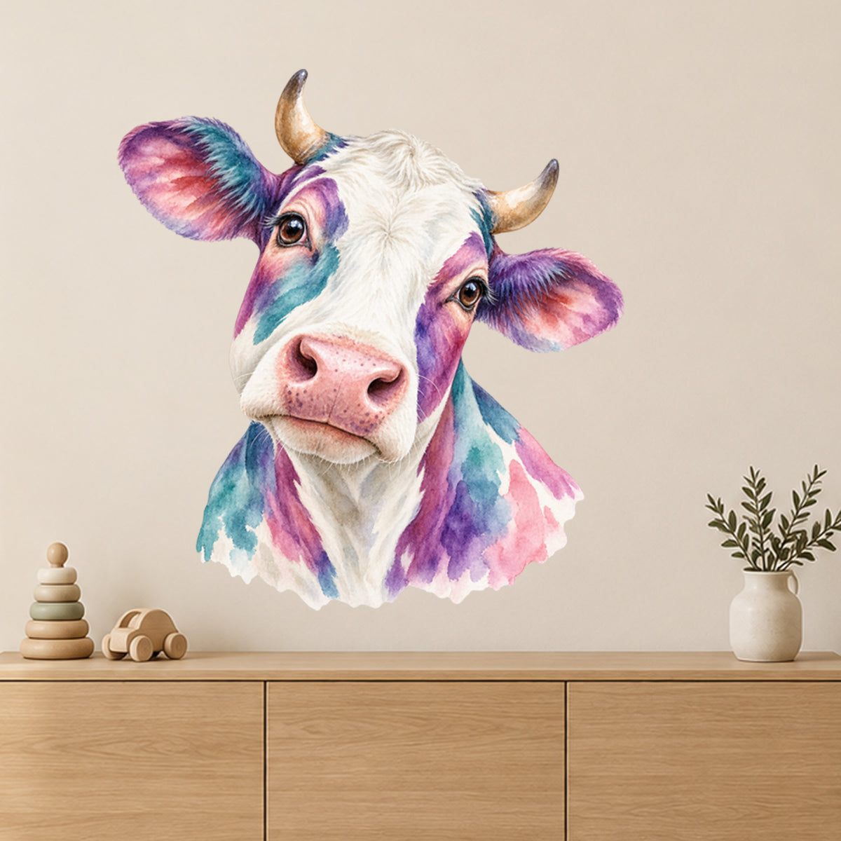 Wandtattoo Kuh in Aquarell – Bunte Kuh – Platzierungsbeispiel