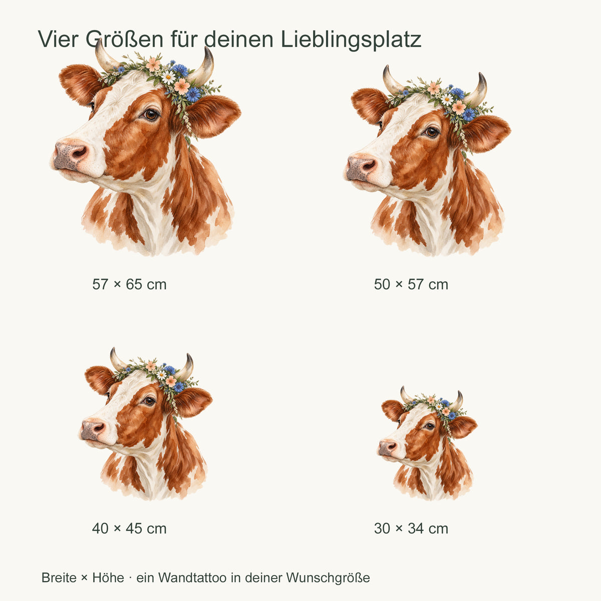 Wandtattoo Kuh in Aquarell – Wiesenkuh – Vier Größen im Vergleich