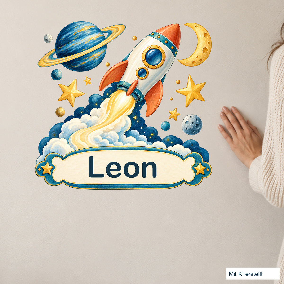 Personalisiertes Wandtattoo Weltall Sternenstart – Wohnszene mit Person