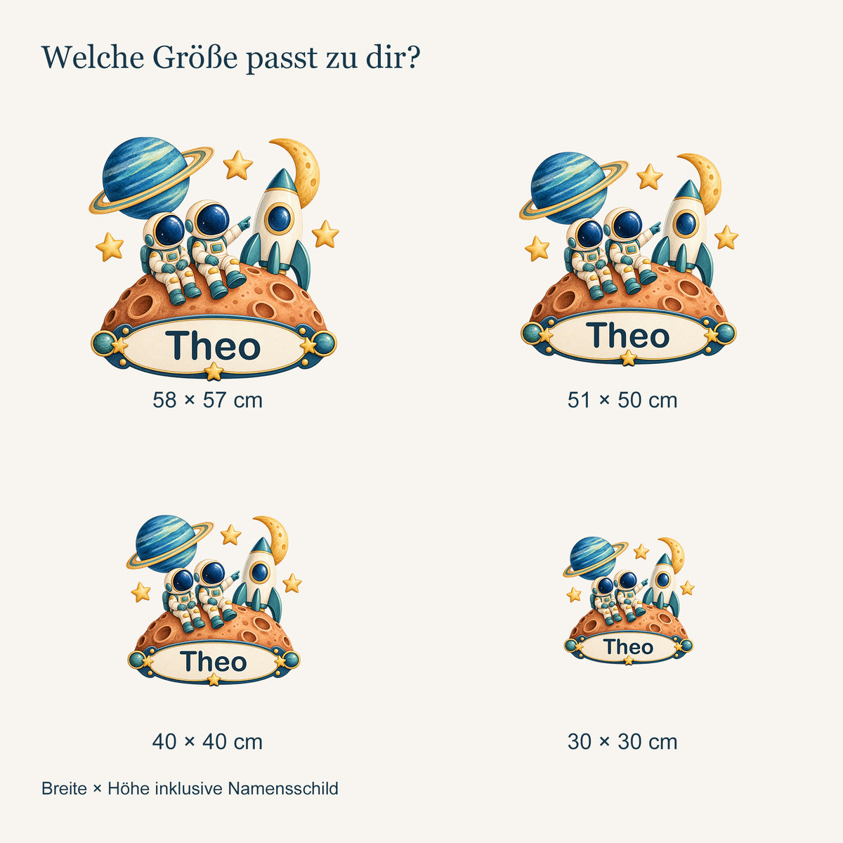 Personalisiertes Wandtattoo Weltall Astronautenfreunde – Vergleich der vier Größen