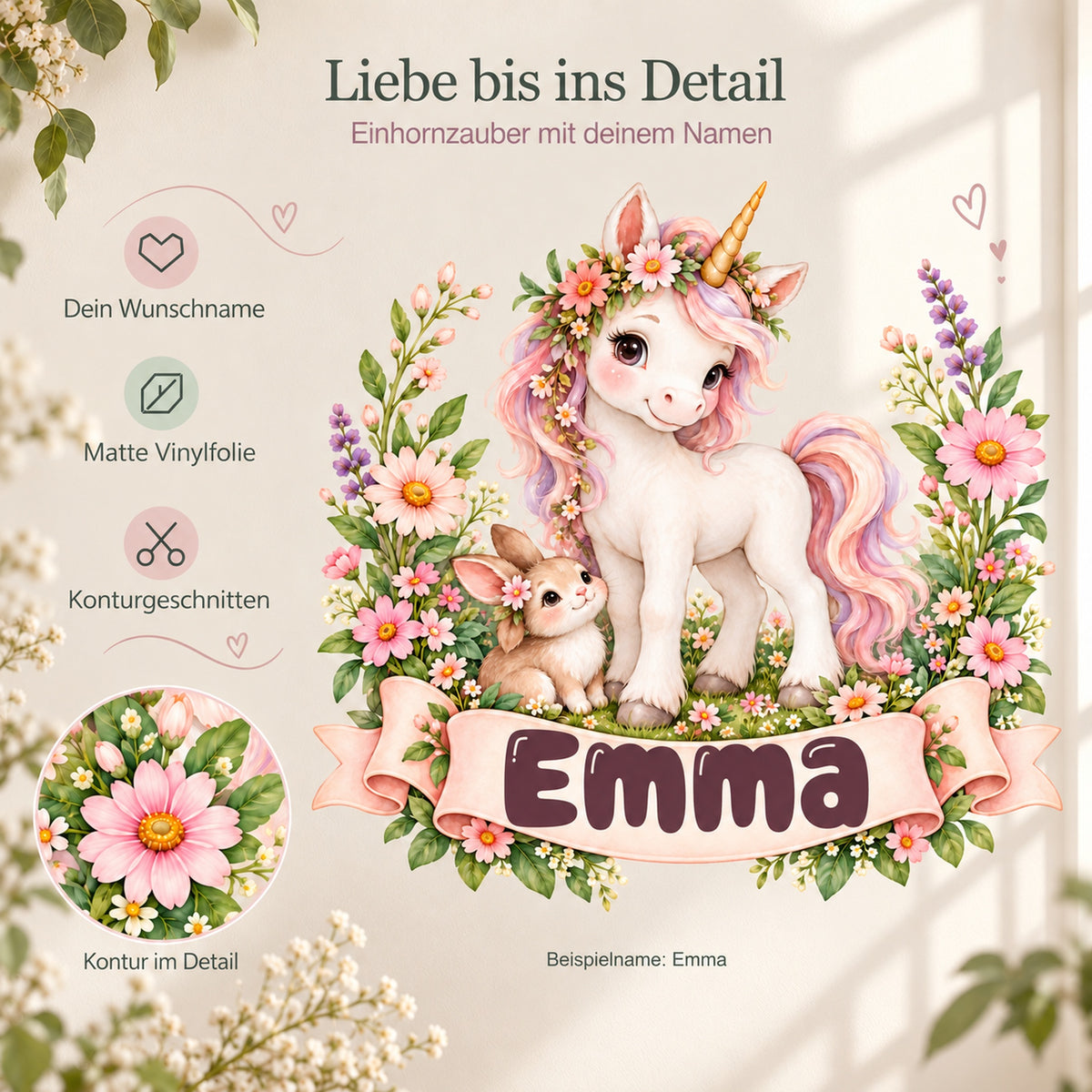 Personalisiertes Einhorn-Wandtattoo Blumenwiese mit Beispielname Emma: Produktdetails mit Wunschname, feinen Symbolen und Konturdetail.