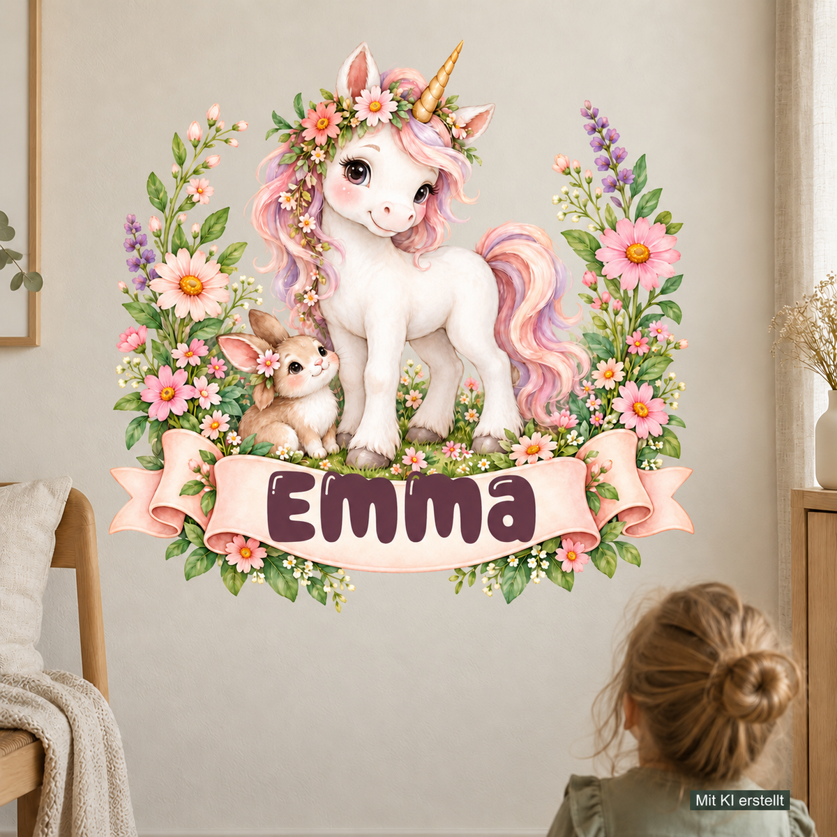 Personalisiertes Einhorn-Wandtattoo Blumenwiese mit Beispielname Emma: Wohnszene mit Person, mit KI erstellt.