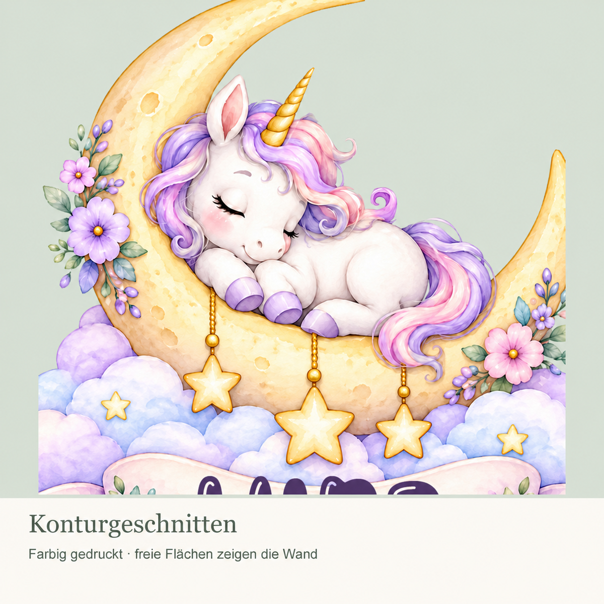 Personalisiertes Einhorn-Wandtattoo Mondträumchen mit Beispielname Luna: Konturdetails mit ausgeschnittenen Freiflächen.