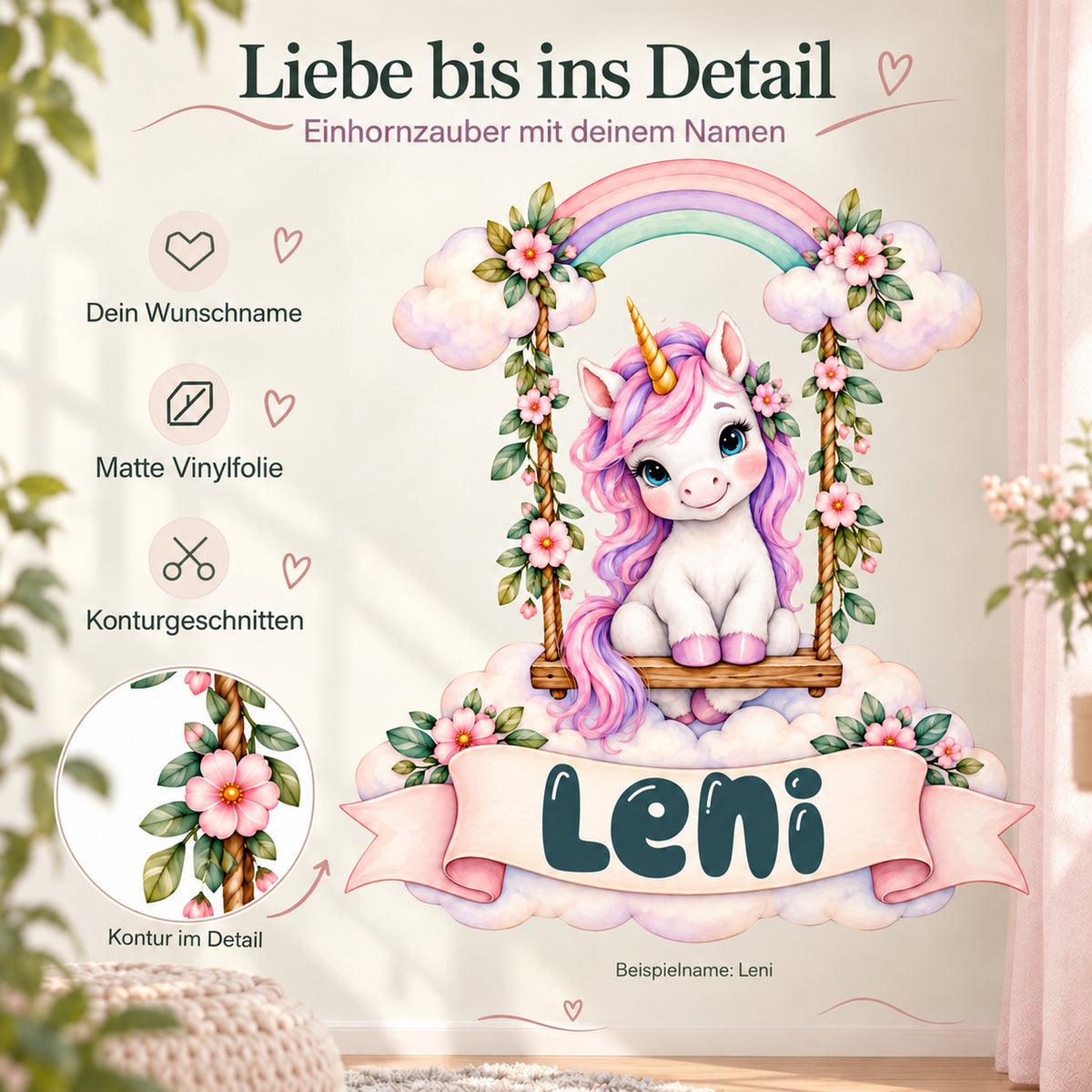 Personalisiertes Einhorn-Wandtattoo Wolkenschaukel mit Beispielname Leni: Produktdetails mit Wunschname, feinen Symbolen und Konturdetail.