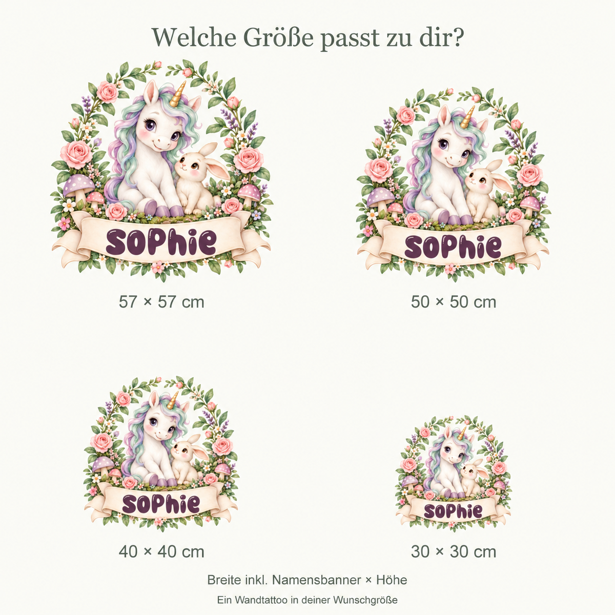 Personalisiertes Einhorn-Wandtattoo Zaubergarten mit Beispielname Sophie: vier Größen im proportionalen Vergleich.