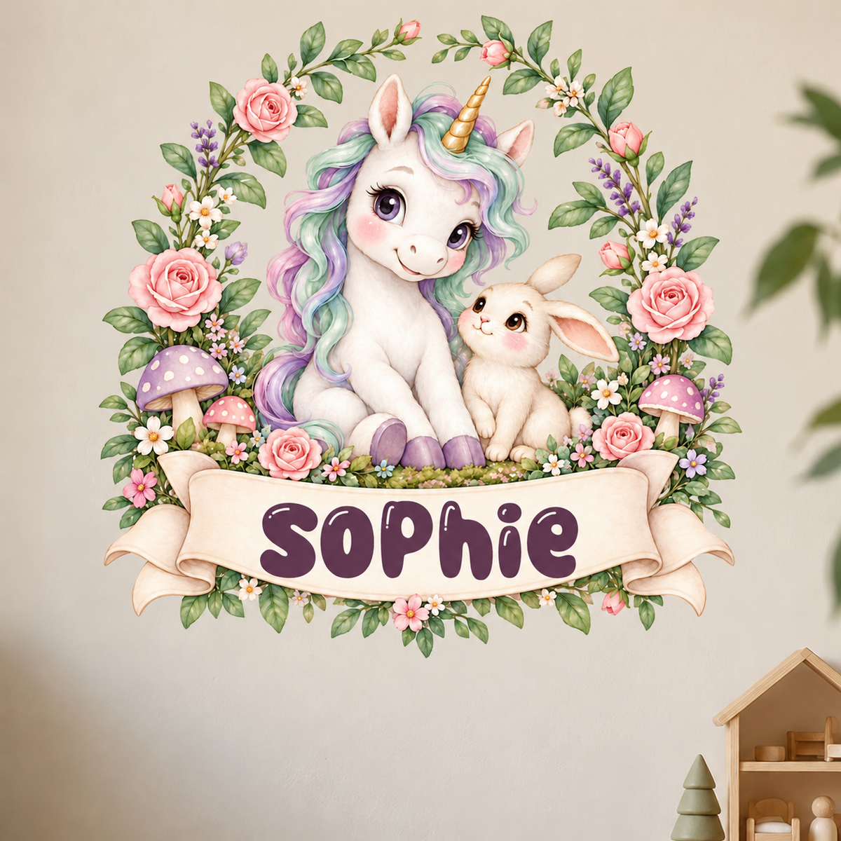 Personalisiertes Einhorn-Wandtattoo Zaubergarten mit Beispielname Sophie: Wohnidee mit Wandtattoo auf freier Wandfläche.