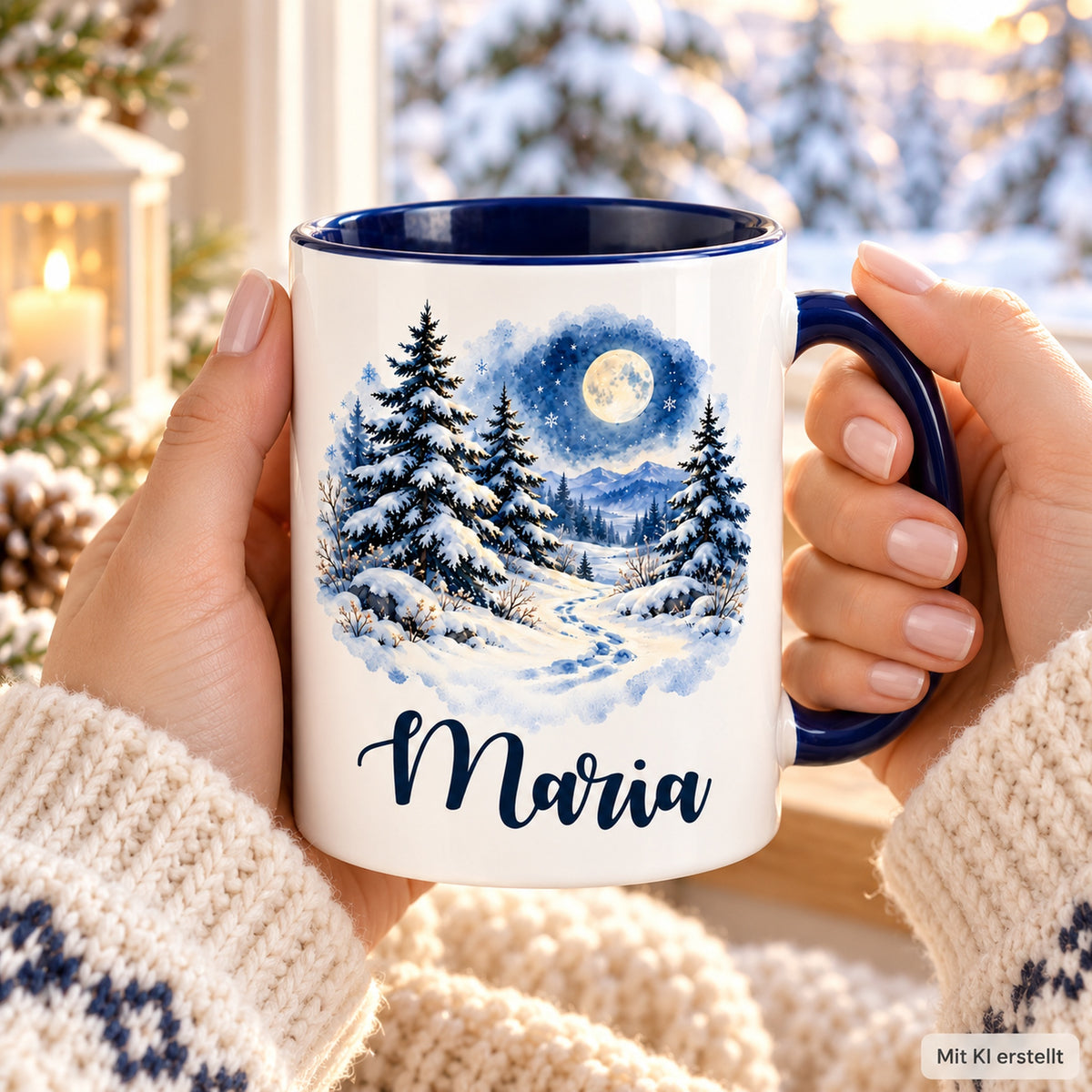 Weiße Keramiktasse mit dunkelblauem Henkel, Mondscheinwald und Wunschname in der Hand einer Person