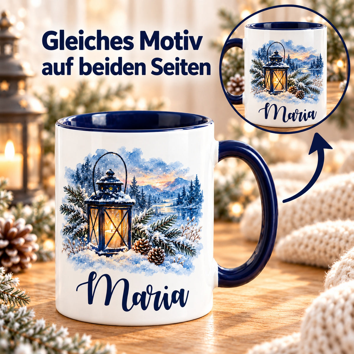 Weiße Keramiktasse mit dunkelblauem Henkel, Winterlaterne und Wunschname mit Detailansicht des gleichen Drucks auf beiden Seiten