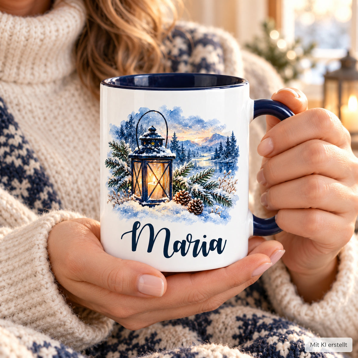 Weiße Keramiktasse mit dunkelblauem Henkel, Winterlaterne und Wunschname in der Hand einer Person