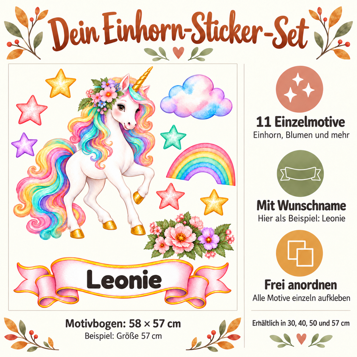 Übersicht des Aquarell-Einhorn-Sets mit elf Einzelmotiven, Wunschname und frei wählbarer Anordnung. Beispiel-Motivbogen 58 mal 57 Zentimeter.