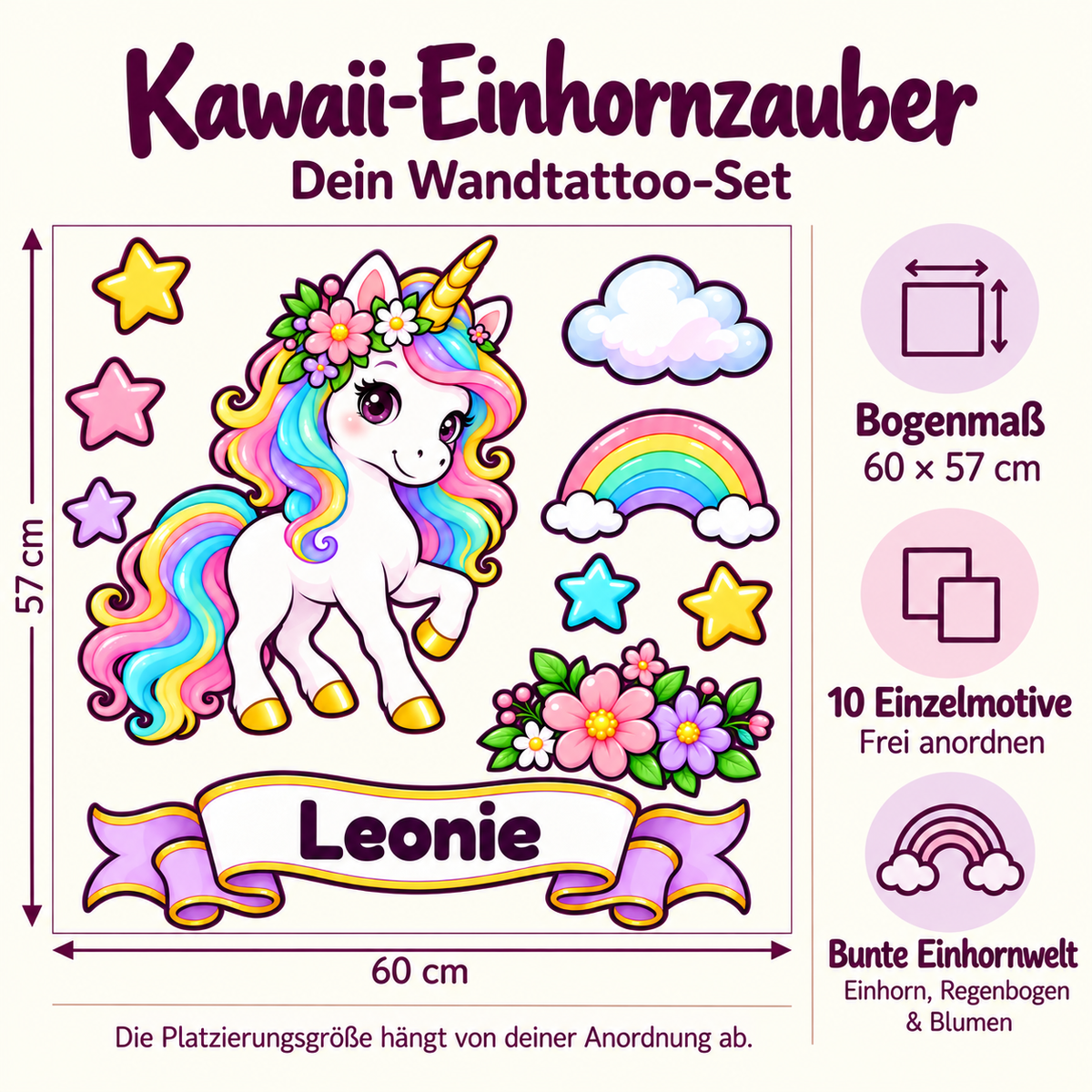 Eigenschaften des Kawaii-Wandtattoo-Sets: Bogenmaß 60 mal 57 Zentimeter, zehn frei anordenbare Einzelmotive mit Einhorn, Regenbogen und Blumen.