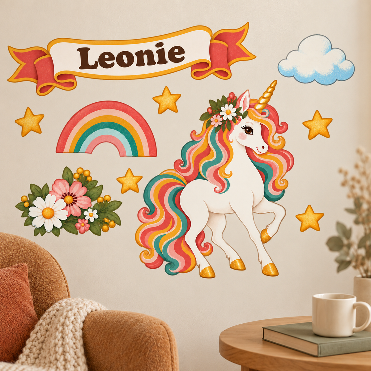 Retro-Einhorn-Wandtattoo mit Namensbanner, Regenbogen und Sternen über einem Lesesessel neben einem runden Holztisch.