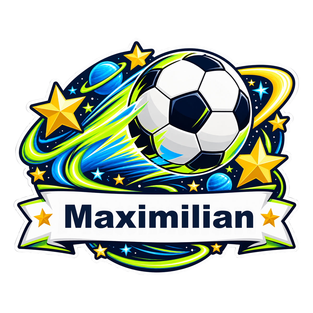 Fußball-Sticker Sternenkicker: Gesamtes Motiv mit Beispielname Maximilian auf weißem Banner