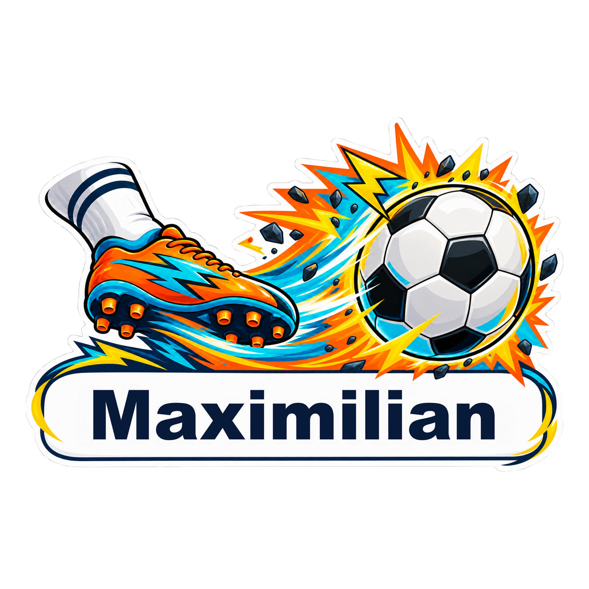 Fußball-Sticker Power-Schuss: Gesamtes Motiv mit Beispielname Maximilian auf weißem Banner