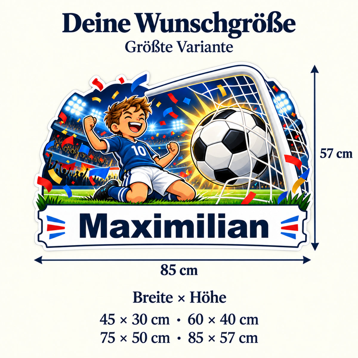 Fußball-Sticker Torjubel: Größenübersicht mit Breite und Höhe