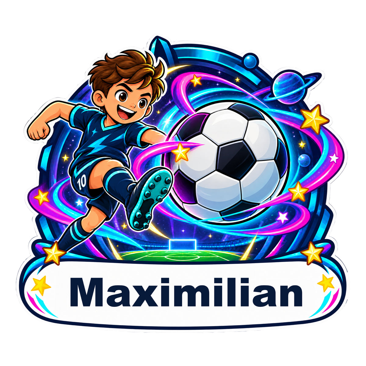 Fußball-Sticker Fußballzauber: Gesamtes Motiv mit Beispielname Maximilian auf weißem Banner