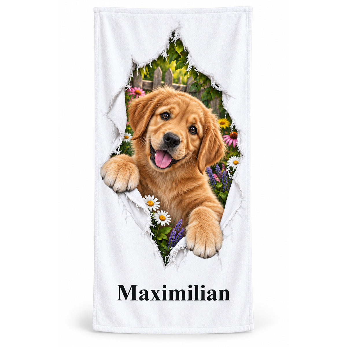 Handtuch mit Golden-Retriever-Welpen und Wunschname, frontal auf weißem Hintergrund