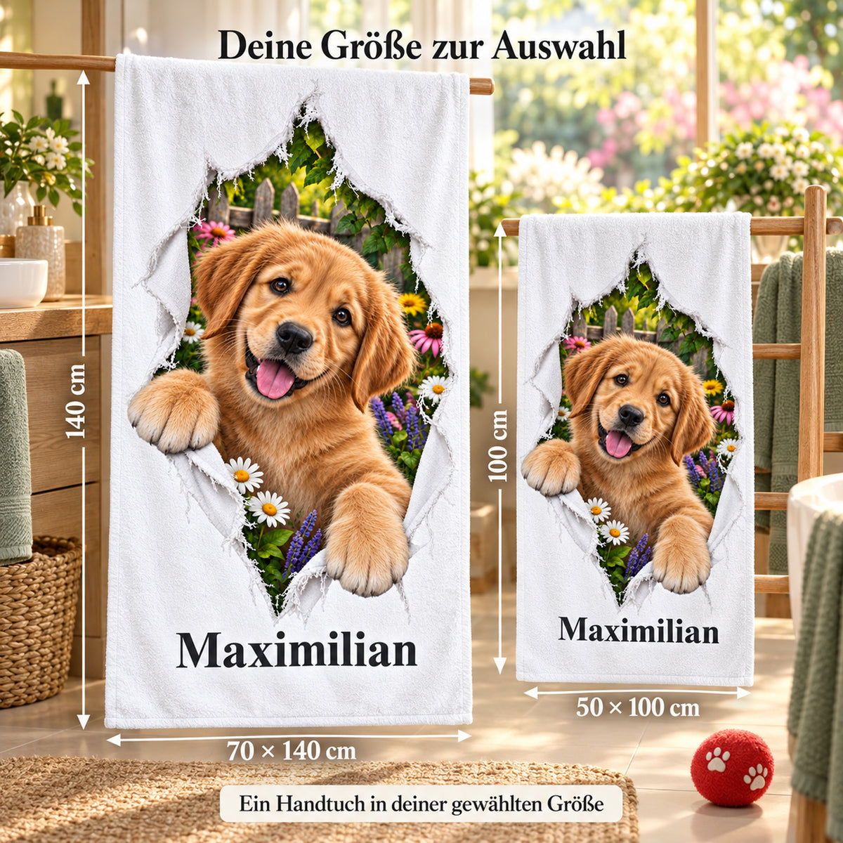 Handtuch mit Golden-Retriever-Welpen und Wunschname, in den Größen 50 × 100 und 70 × 140 cm