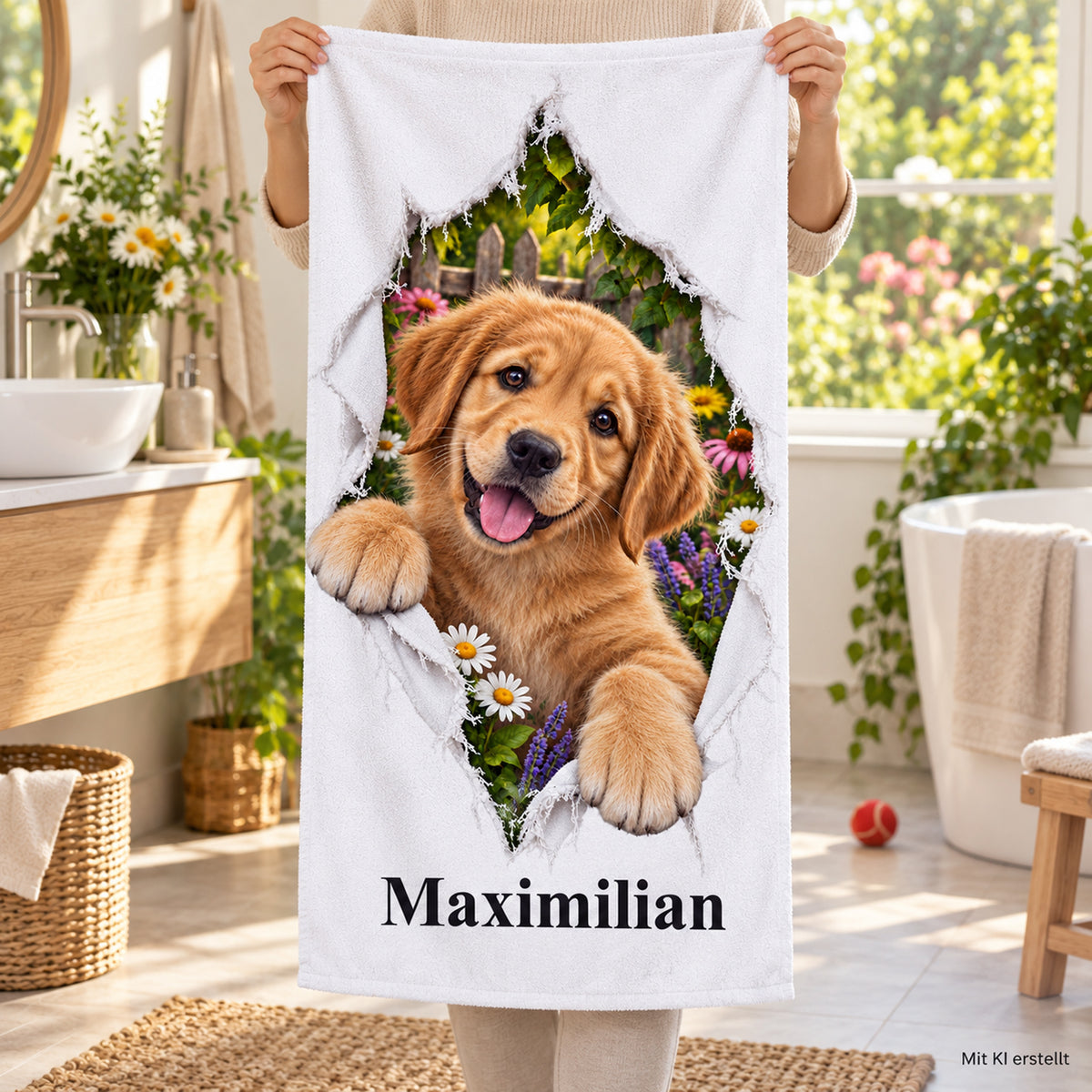 Handtuch mit Golden-Retriever-Welpen und Wunschname, von Händen gehalten