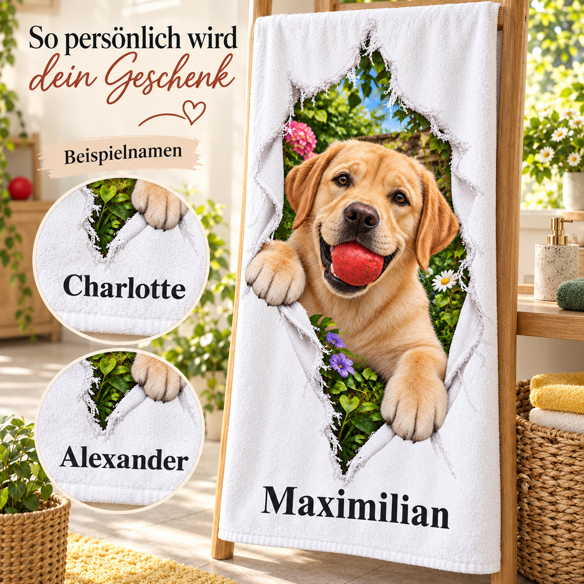 Handtuch mit Labrador und Wunschname, mit Details der Namenspersonalisierung