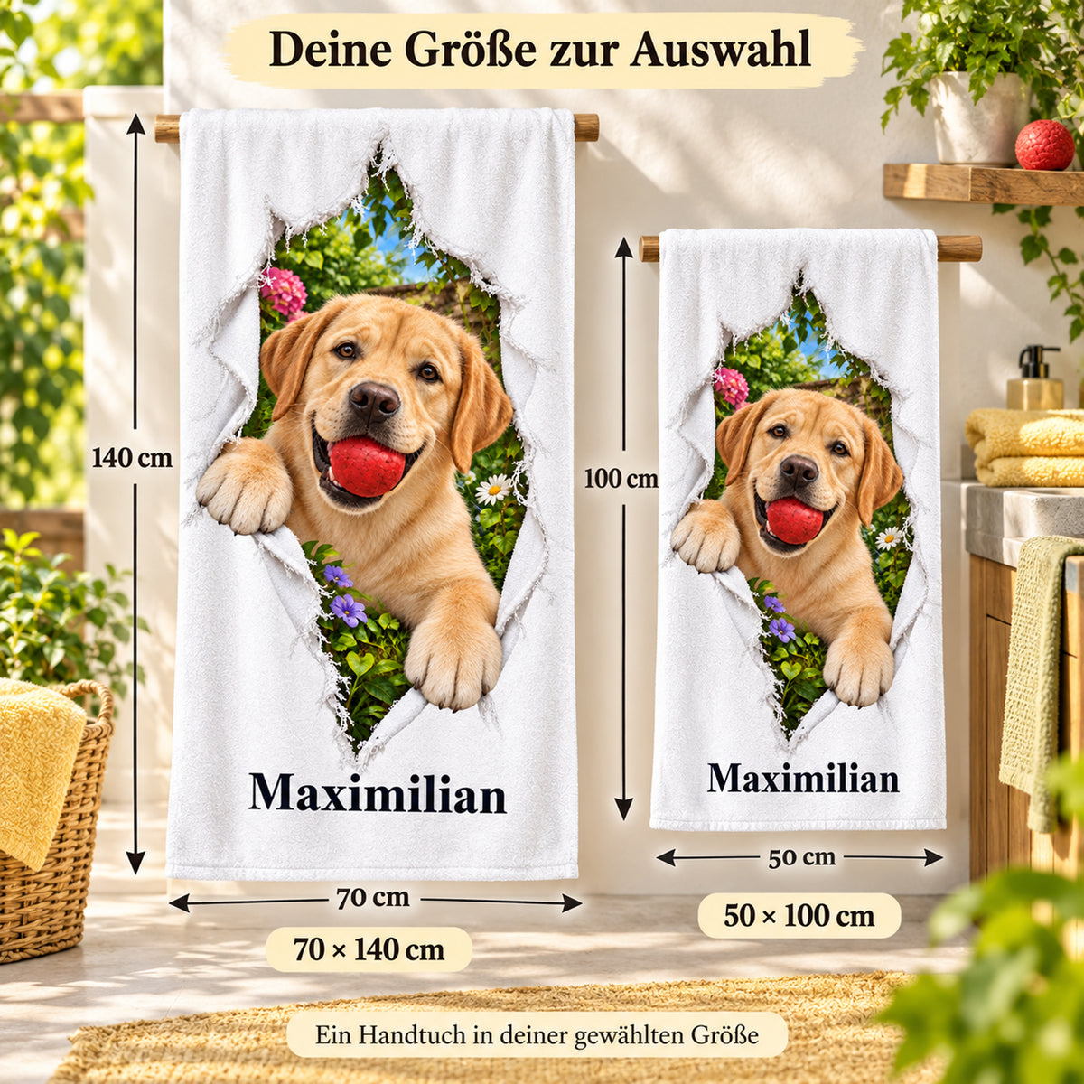 Handtuch mit Labrador und Wunschname, in den Größen 50 × 100 und 70 × 140 cm