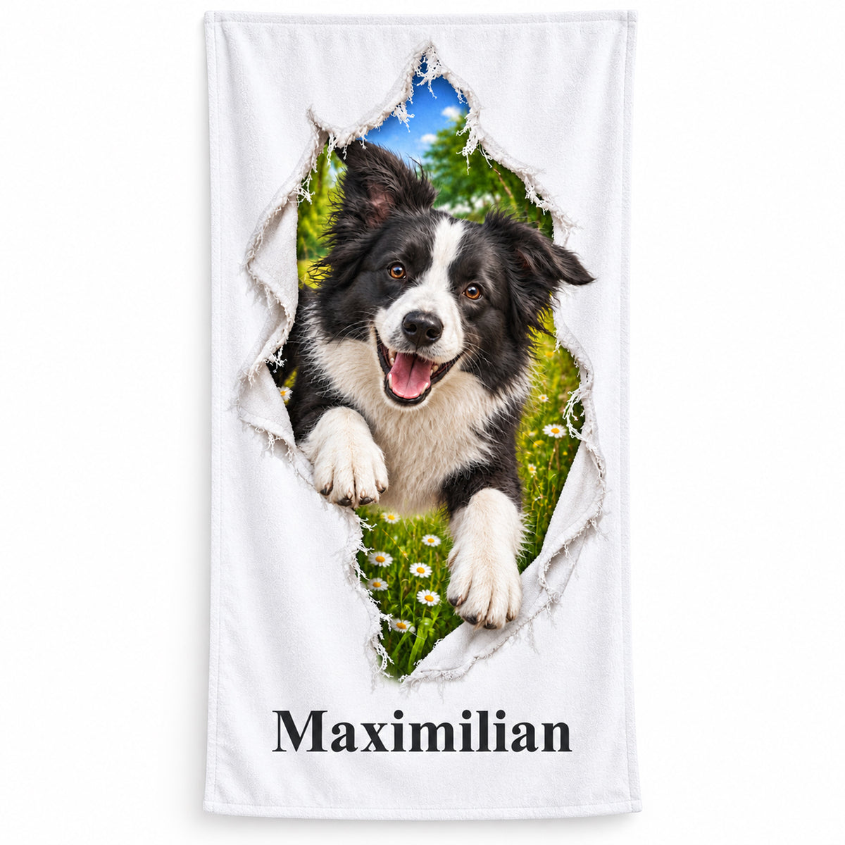 Handtuch mit Border Collie und Wunschname, frontal auf weißem Hintergrund