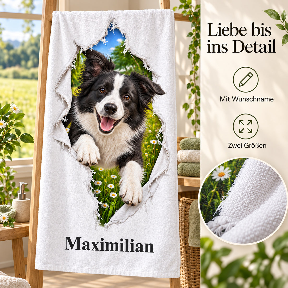 Handtuch mit Border Collie und Wunschname, mit Hinweisen zu Wunschname und Größen