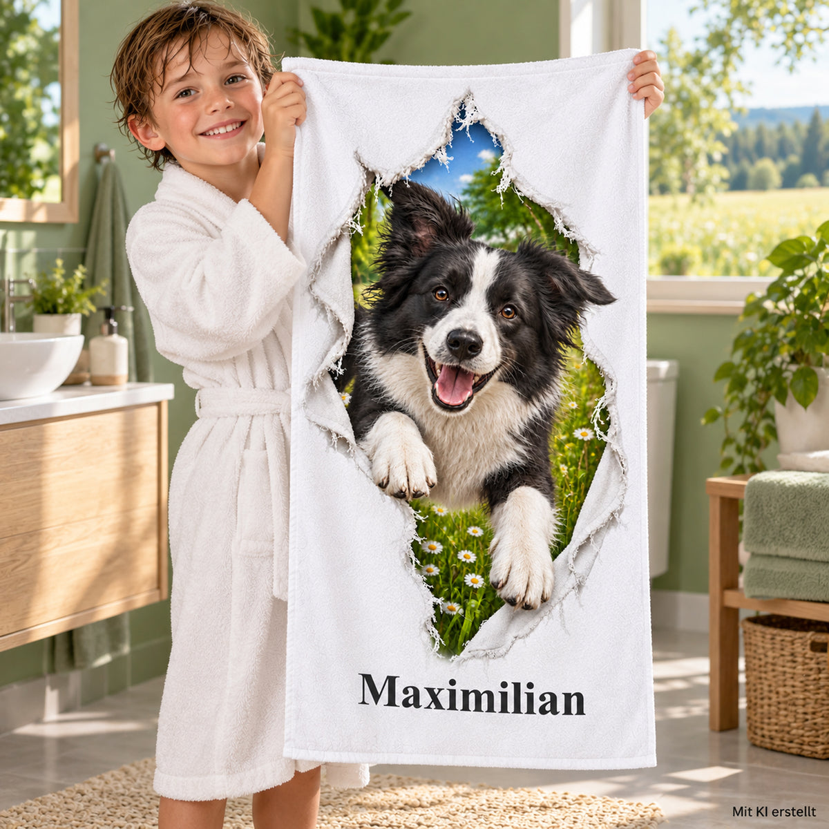 Handtuch mit Border Collie und Wunschname, von einem Kind gehalten