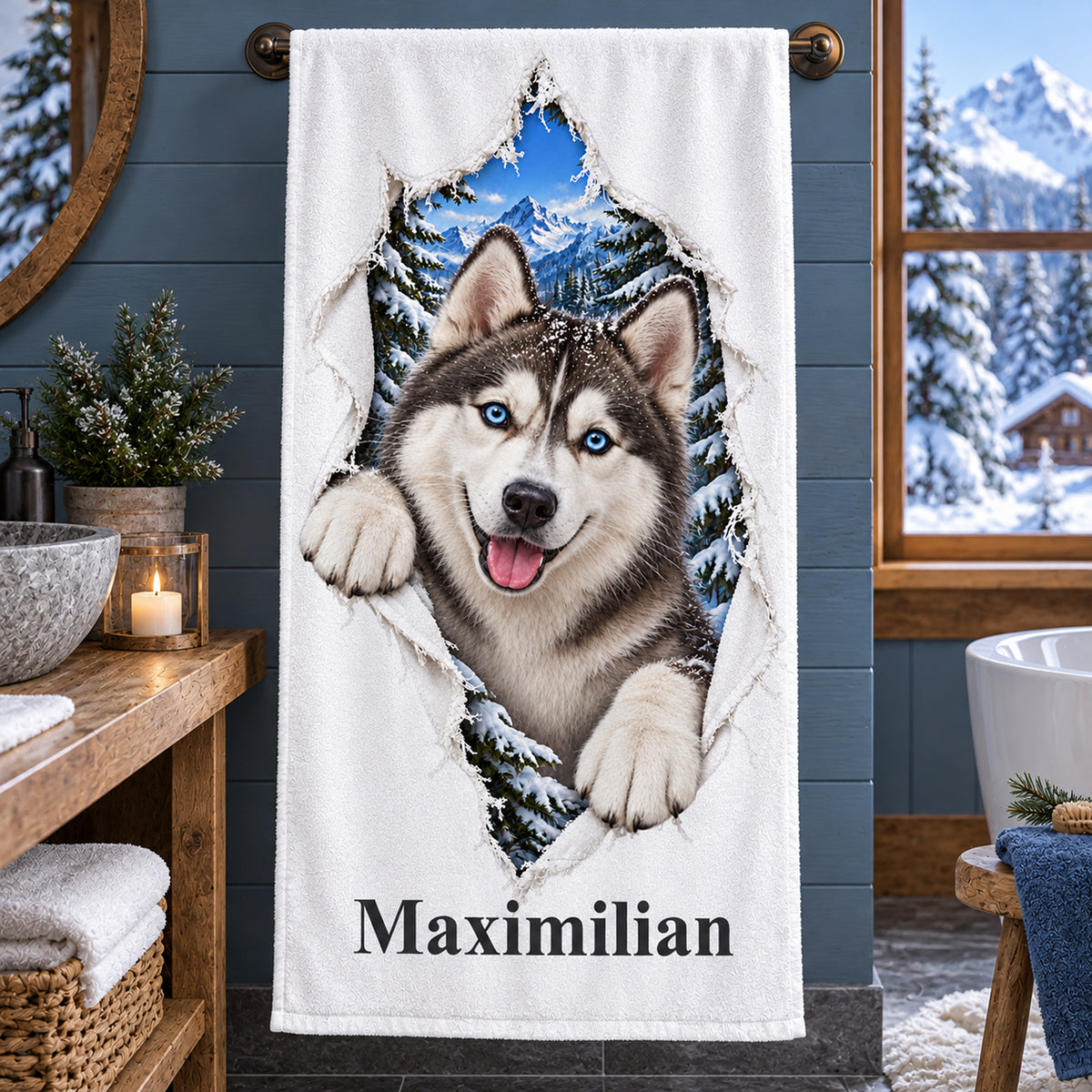Handtuch mit Husky und Wunschname, im Badezimmer
