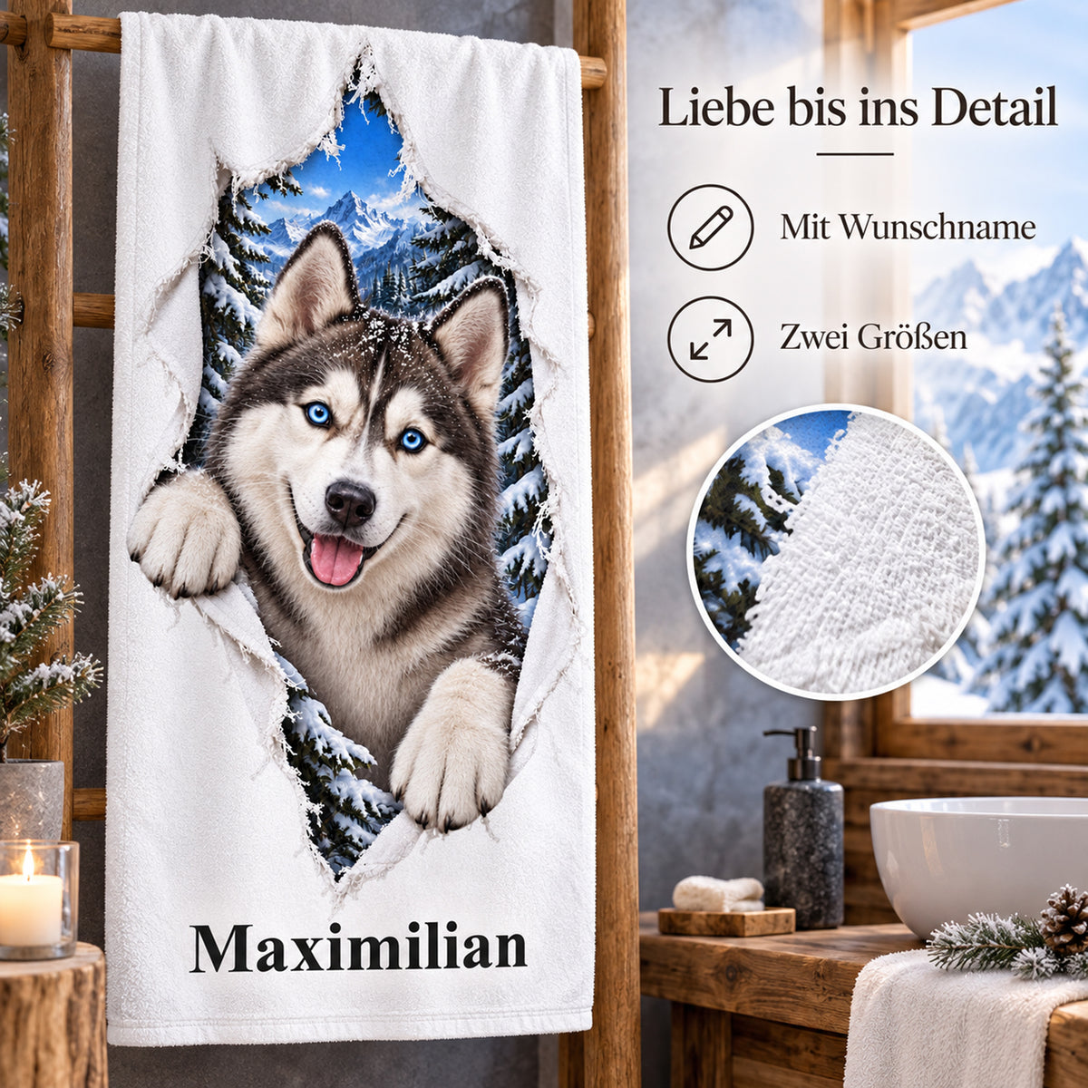 Handtuch mit Husky und Wunschname, mit Hinweisen zu Wunschname und Größen