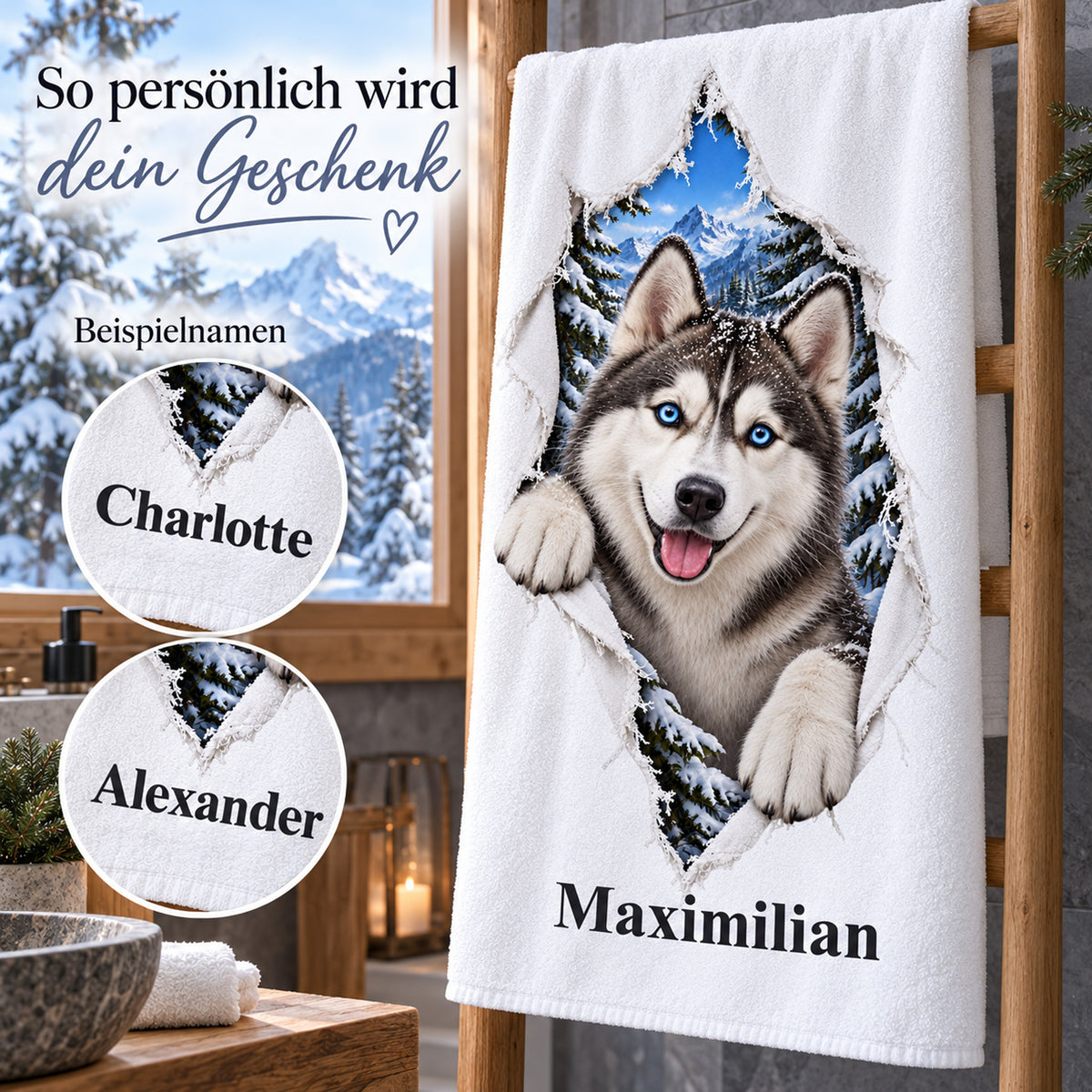 Handtuch mit Husky und Wunschname, mit Details der Namenspersonalisierung