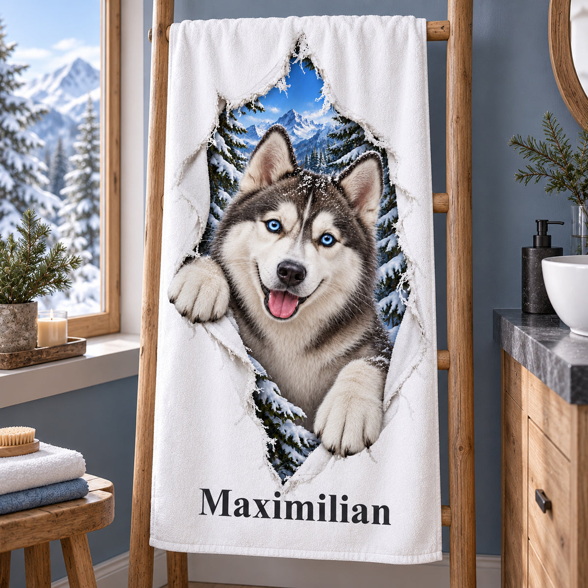 Handtuch mit Husky und Wunschname, auf einer Handtuchleiter im Bad