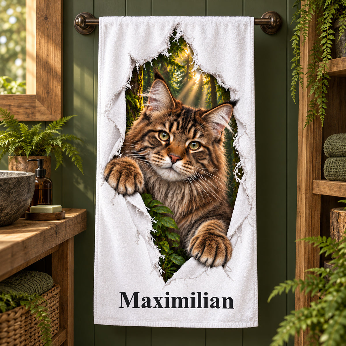 Handtuch mit Maine Coon und Wunschname, im Badezimmer