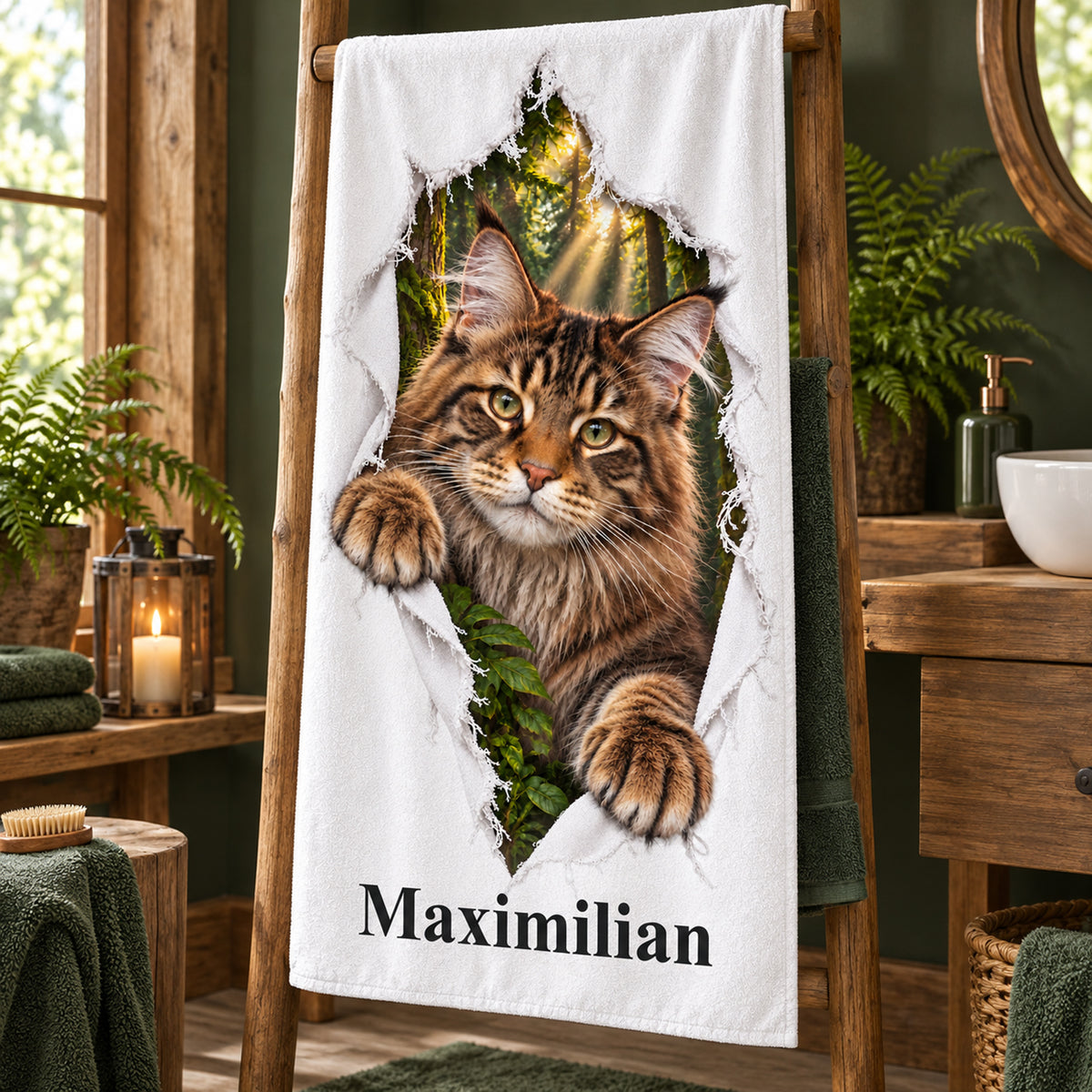 Handtuch mit Maine Coon und Wunschname, schräg aufgehängt