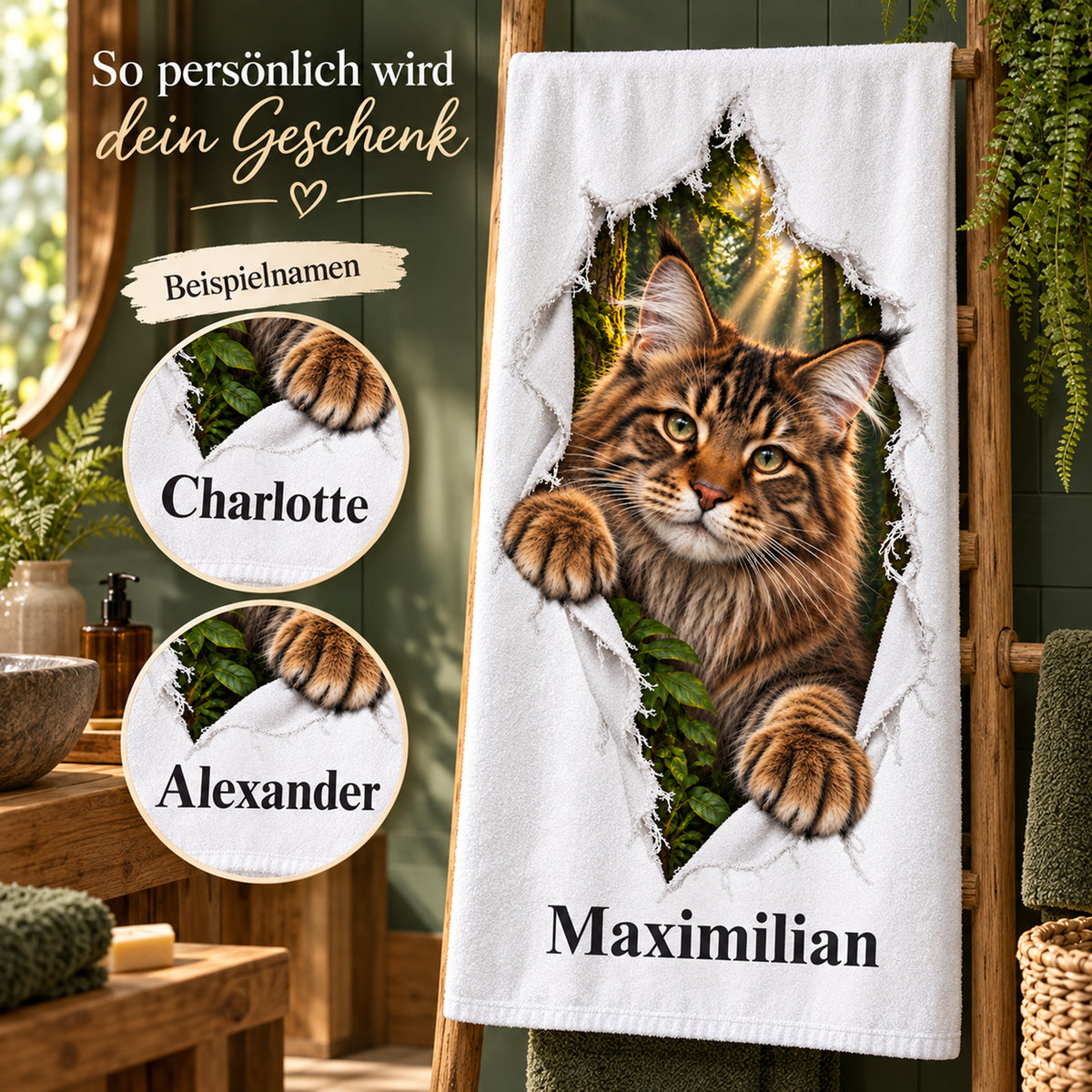 Handtuch mit Maine Coon und Wunschname, mit Details der Namenspersonalisierung