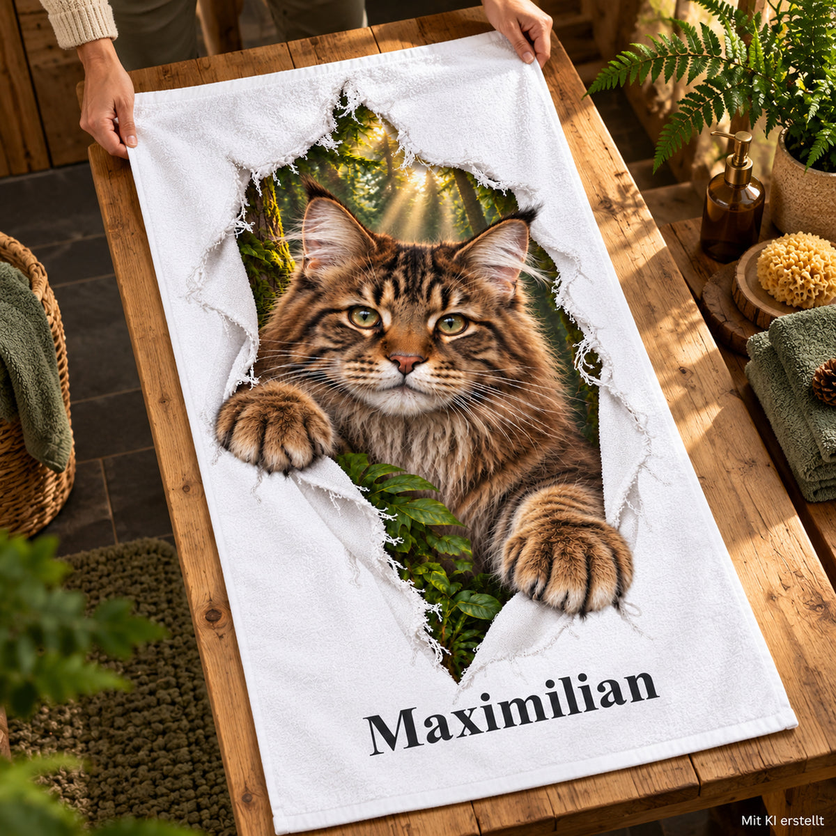 Handtuch mit Maine Coon und Wunschname, von Händen auf eine Holzbank gelegt