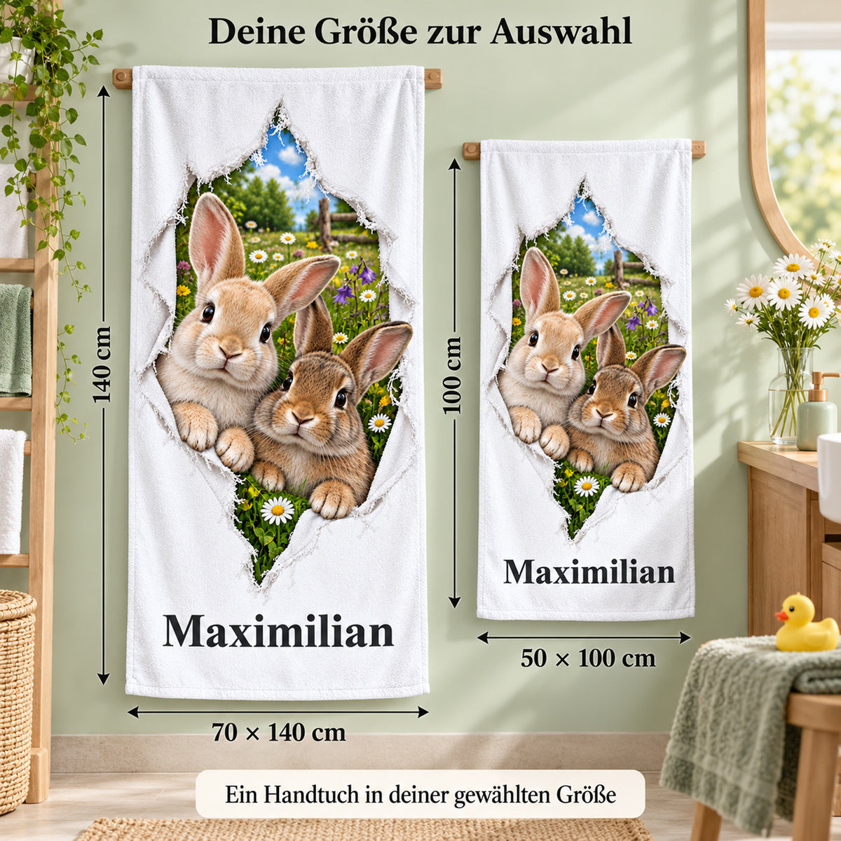Handtuch mit Kaninchenpaar und Wunschname, in den Größen 50 × 100 und 70 × 140 cm