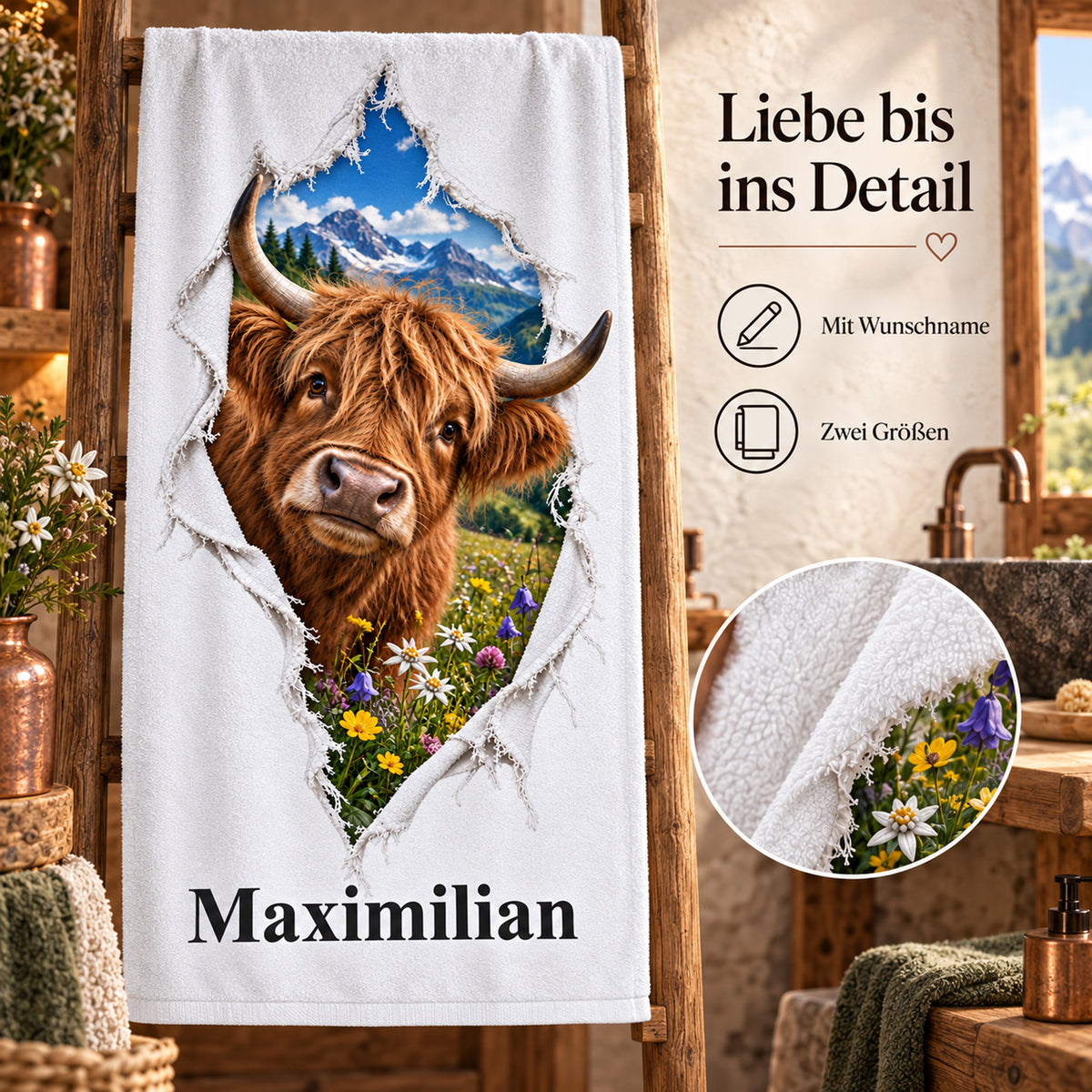Handtuch mit Hochlandrind und Wunschname, mit Hinweisen zu Wunschname und Größen