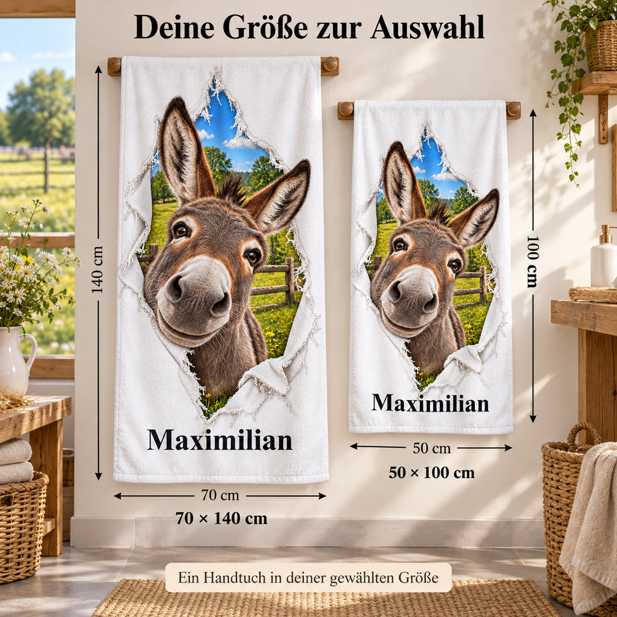 Handtuch mit Esel und Wunschname, in den Größen 50 × 100 und 70 × 140 cm